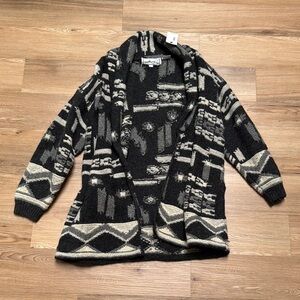 Vintage 1990 100% Wool Cozy Cream and Black Cardigan with Geometric Pattern